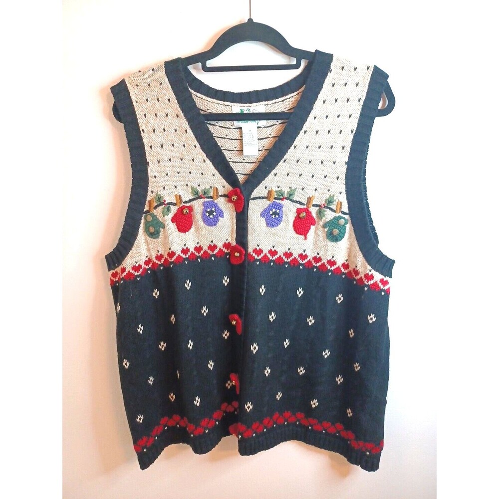Quacker Factory winter Christmas sweater vest 1X mittens, and jingle bells